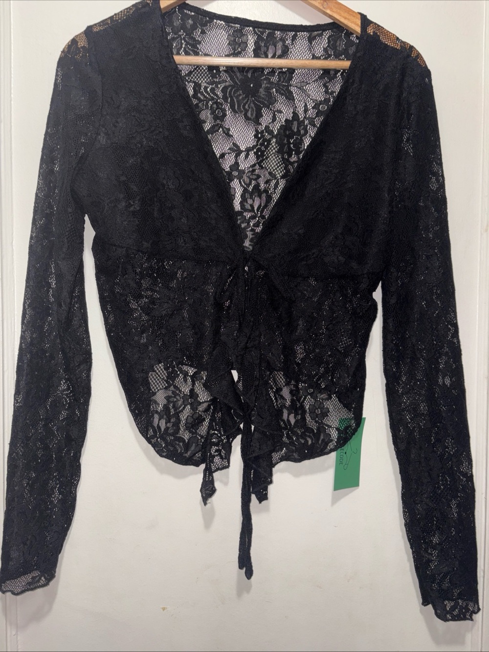 AGECODE Black Floral Lace Tie-Front Top